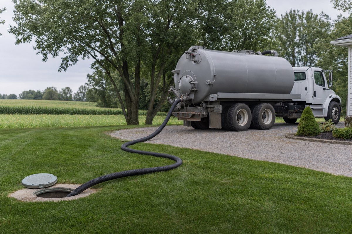 Vacuum pumper truck hose running across a green lawn to an open septic tank during a pump-out at a rural Fraser Valley property